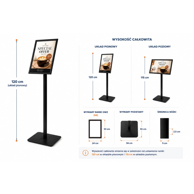 Stojak informacyjny A4 Premium czarny OWZ – stabilny